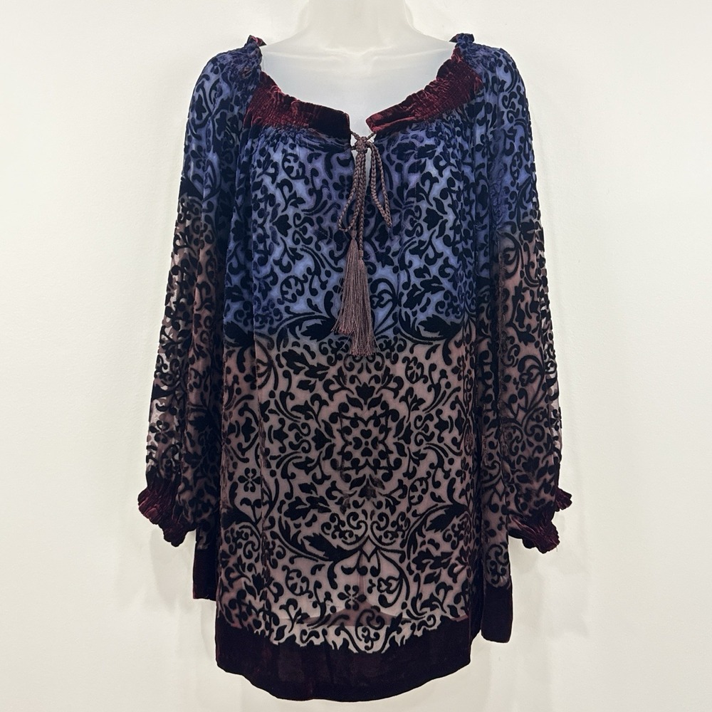 Sundance Velvet Burnout Top L Silk Whimsigoth Dark Peasant Boho Tassels Romantic